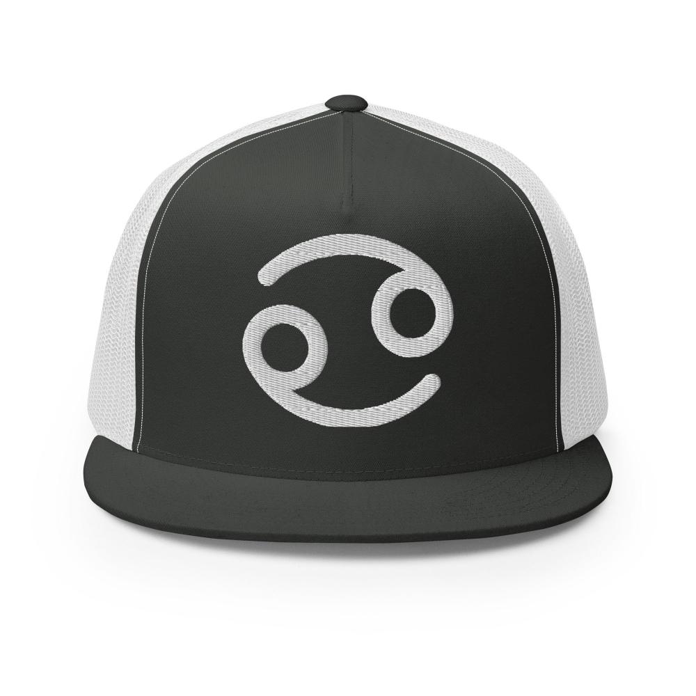 Cancer Zodiac Embroidered Flat Bill Trucker Hat - Charcoal/White Color - https://ascensionemporium.net